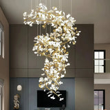 Ceramic Ginkgo Leaf Chandelier Brass for Luxury Staircase, Height Adjustable