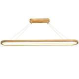 Oval wooden LED pendant with suspension cables and ceiling canopy on a white background