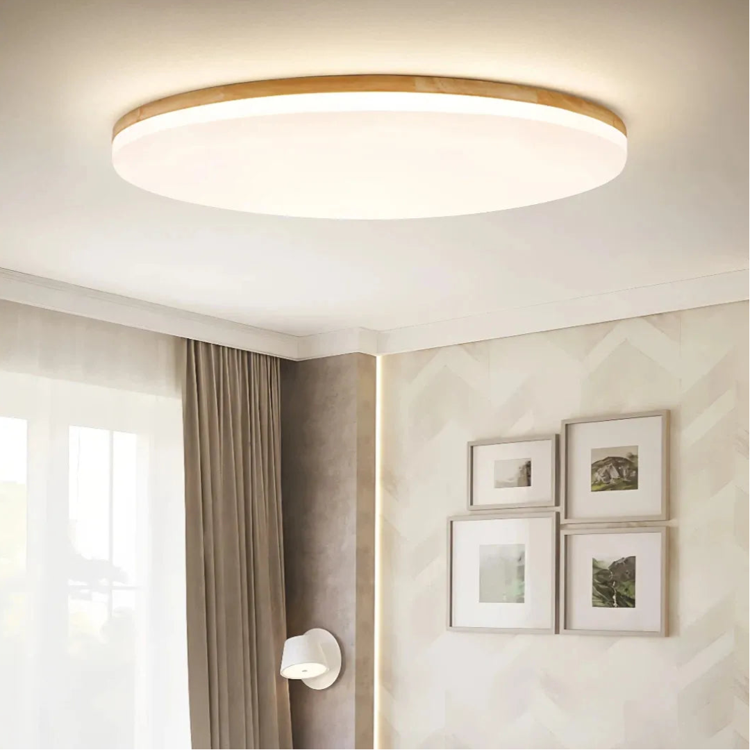 Nordic wooden flush ceiling light in a modern living room