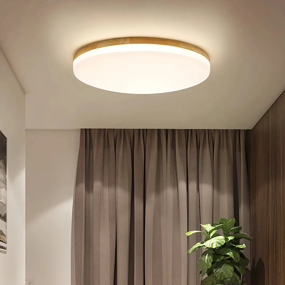 Nordic wooden flush ceiling light in a modern living room
