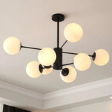 Black 8-light Sputnik chandelier with white glass globes