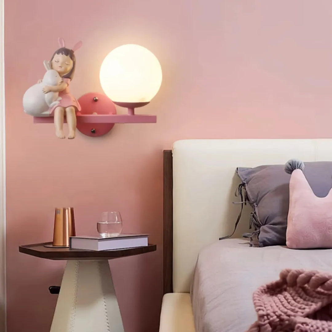 Cartoon girl wall light installed in a children's bedroom