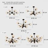 Dimension diagram for 6-, 8-, 10-, 12- and 16-light chandeliers