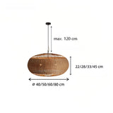 Rattan pendant light size diagram showing four diameter options and suspension measurement