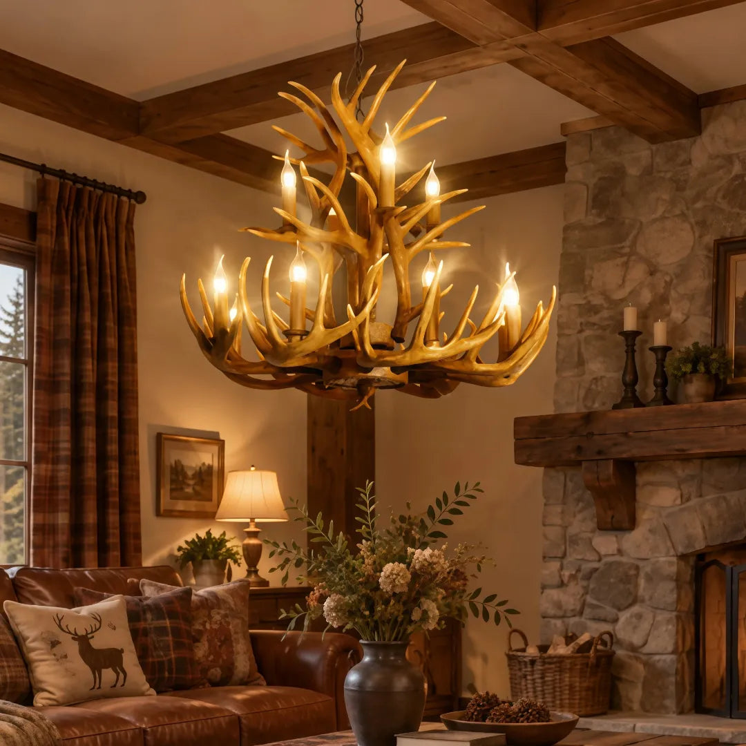 Brown rustic faux antler chandelier in a living room with a stone fireplace