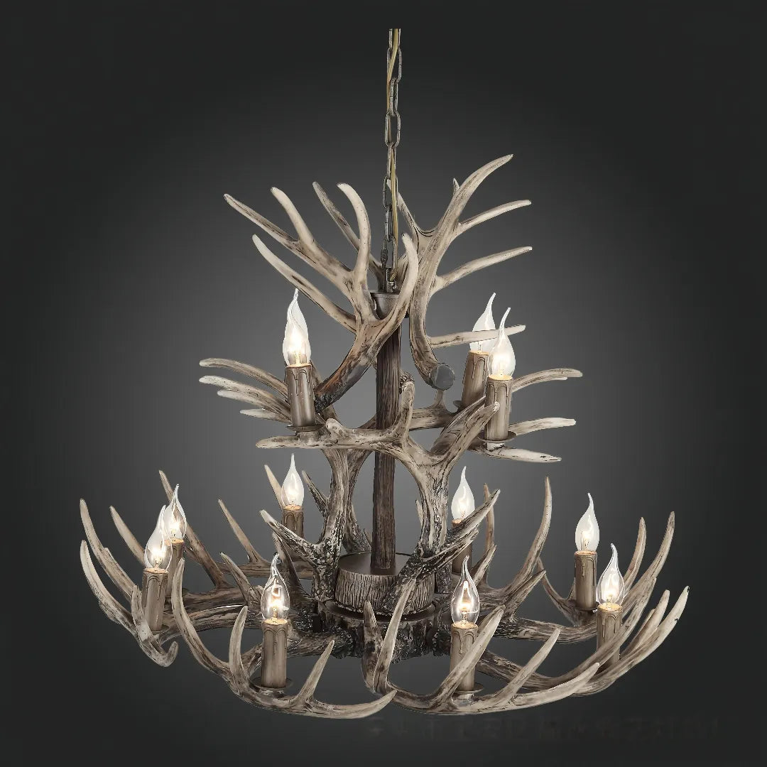 Weathered dark faux antler chandelier on a plain background