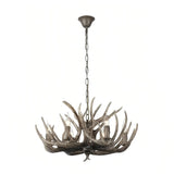 Six-light weathered faux antler chandelier with chain and ceiling canopy