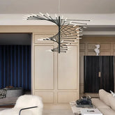 Black firework chandelier suspended in a modern living room