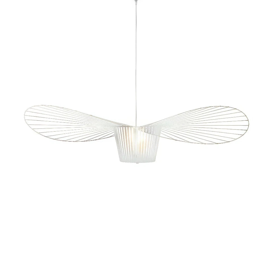 White fabric hat pendant light with a wide curved shade