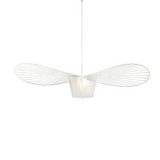 White fabric hat pendant light with a wide curved shade
