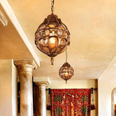 Spherical Carved Antique Copper Tone Pendant Light - Clowas