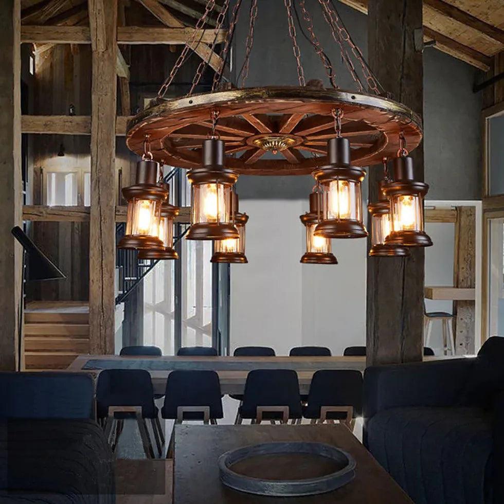 Wheel-shaped Wooden Industrial Pendant Light - Clowas