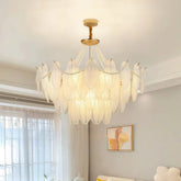 Luxury Crystal Feather Chandelier White with Dimmable LED for Living Room