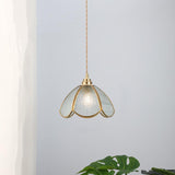 Vintage Brass Colored Ribbed Glass Pendant Light