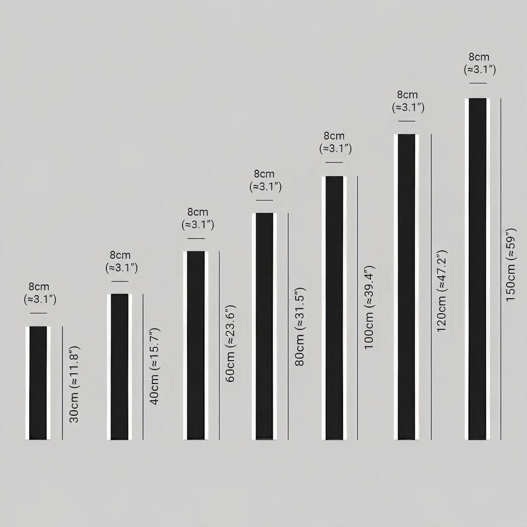 Dimensions of seven wall light sizes from 30 to 150 cm high, each shown as 8 cm wide