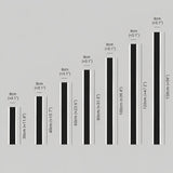 Dimensions of seven wall light sizes from 30 to 150 cm high, each shown as 8 cm wide