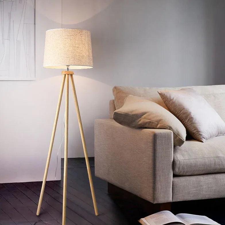 White Cylindrical Wooden Tripod Floor Lamp - Clowas