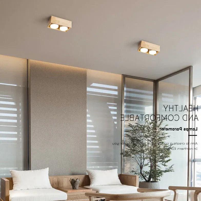 Square Double Lights Wooden Flush Ceiling Lights - Clowas