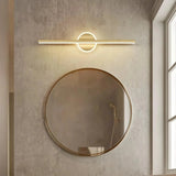 Gold square-detail linear LED bathroom mirror light above a round mirror