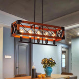 Rectangular Wooden Frame Metal Rod Dining Pendant Light - Clowas