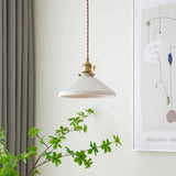 Vintage Brass Pleated Ceramic Pendant Light