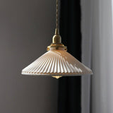 Vintage Brass Pleated Ceramic Pendant Light