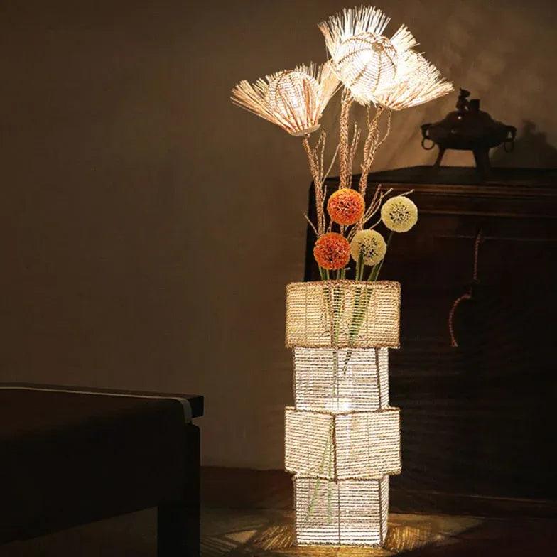 White Retro Rattan Woven Floor Lamp - Clowas