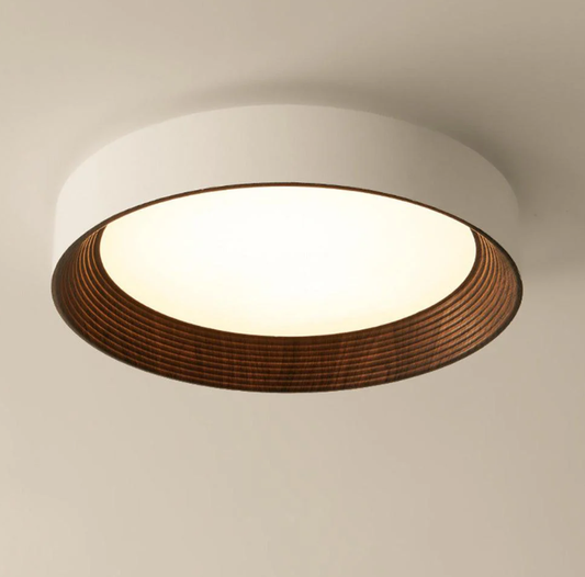 Modern round flush mount ceiling light with white housing, walnut wood-grain rim and soft diffused LED glow—ideal for hallway, bedroom or kitchen.