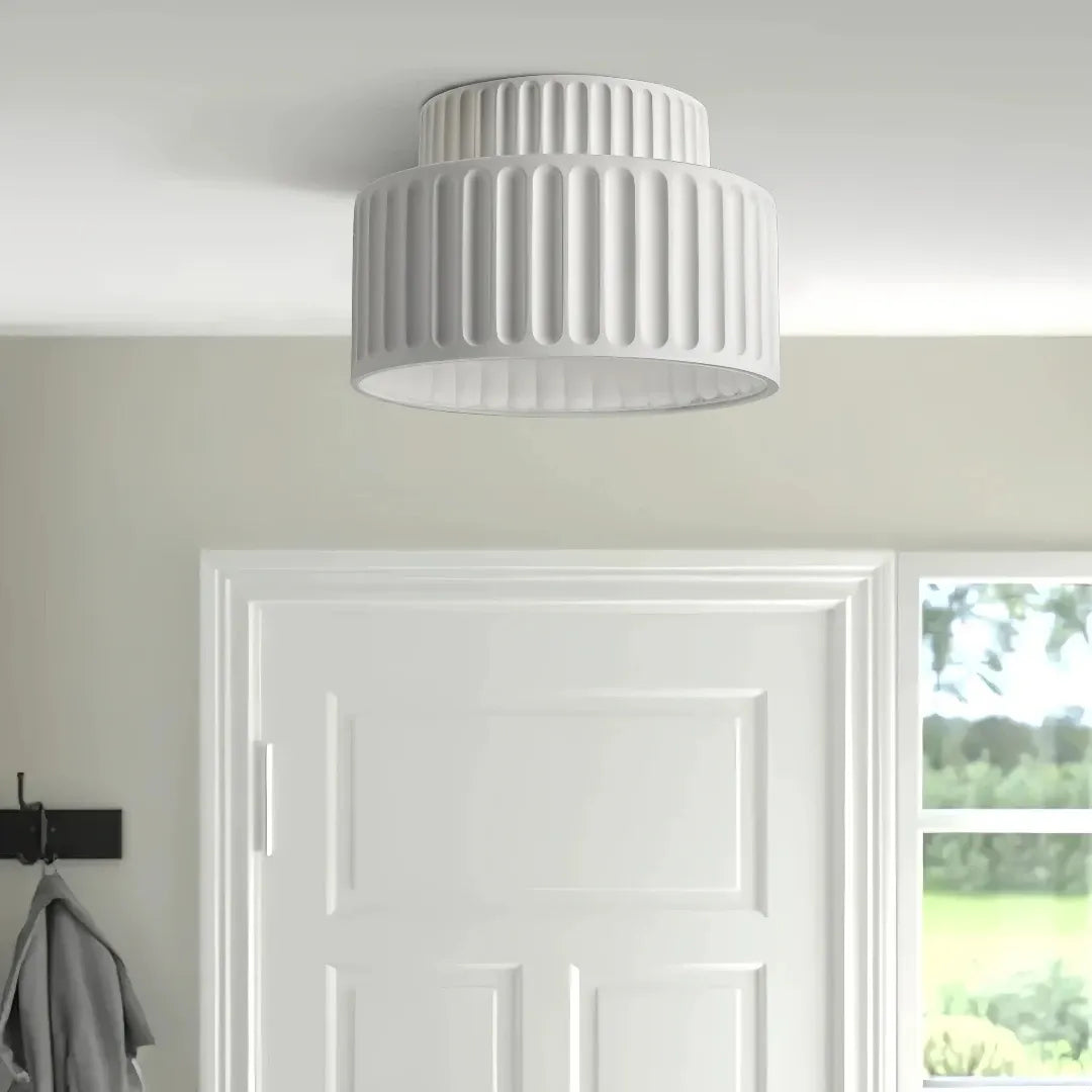 White ribbed flush ceiling light with resin shade