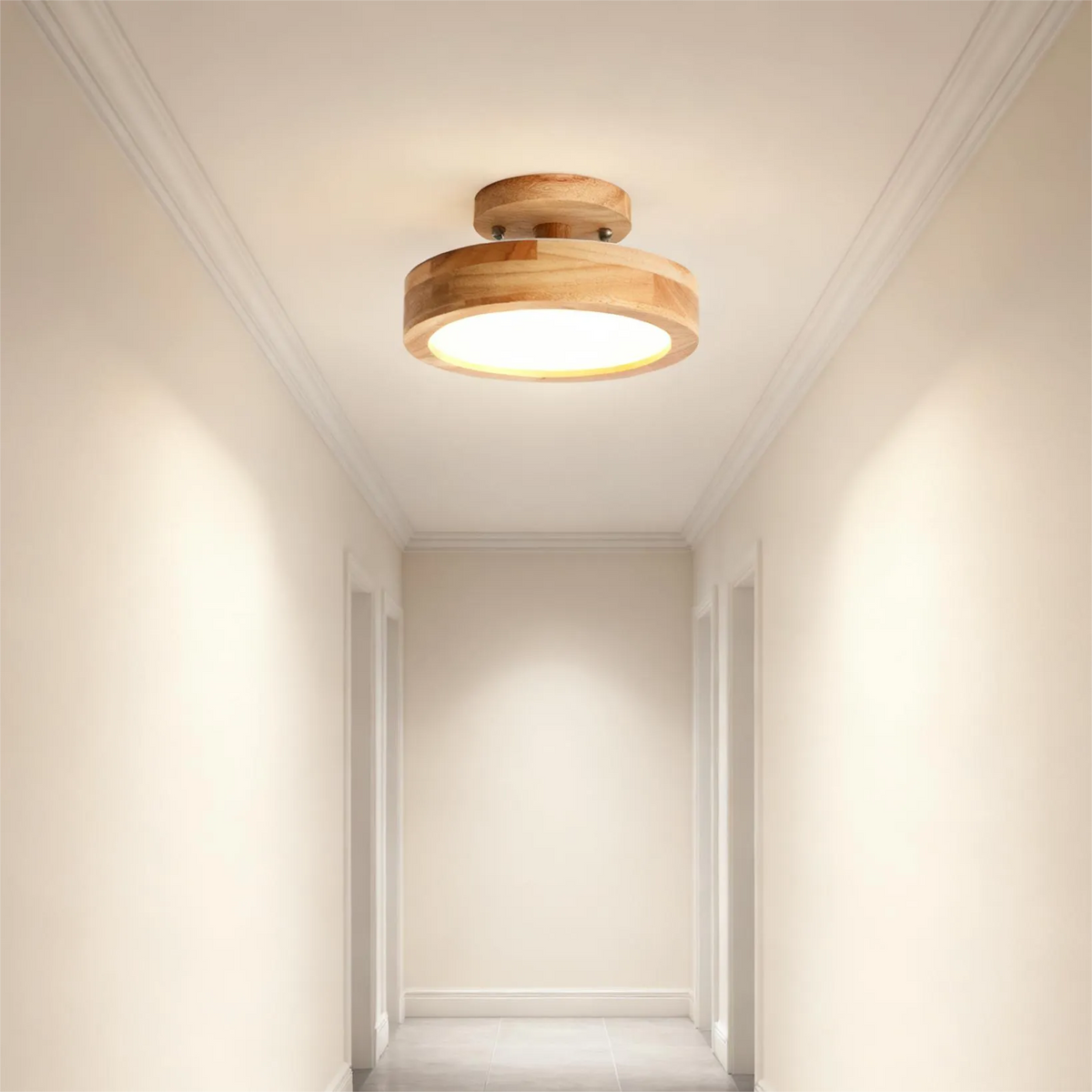 Nordic Round LED Ceiling Light with Wood Base for Hallway