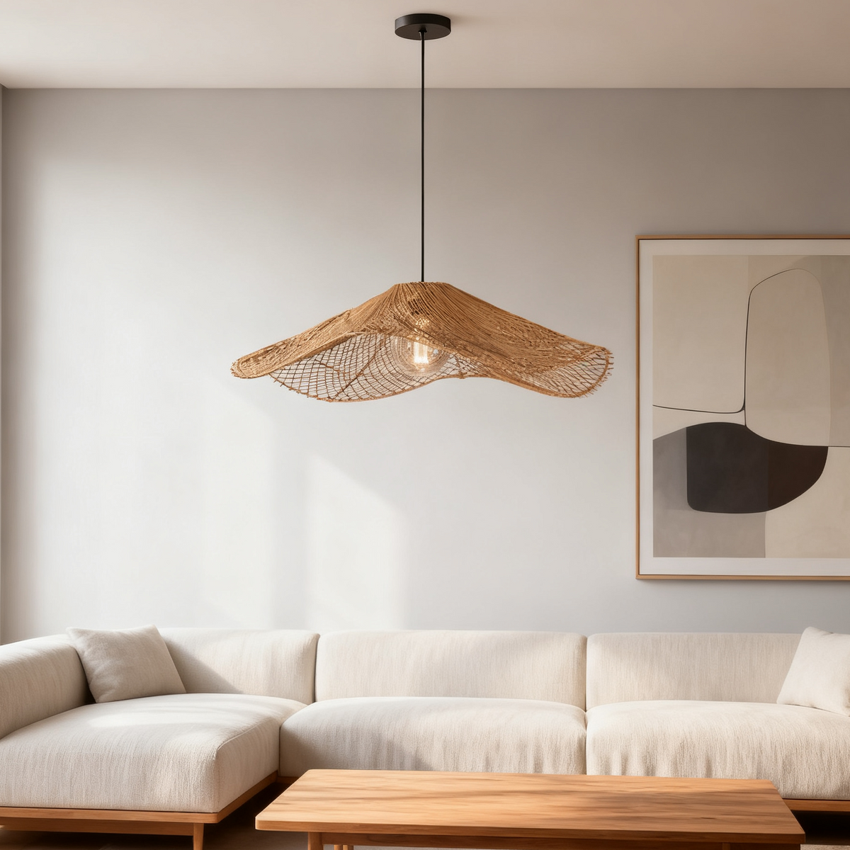 Wabi Sabi Handcrafted Wave Rattan Pendant Light for Living Room