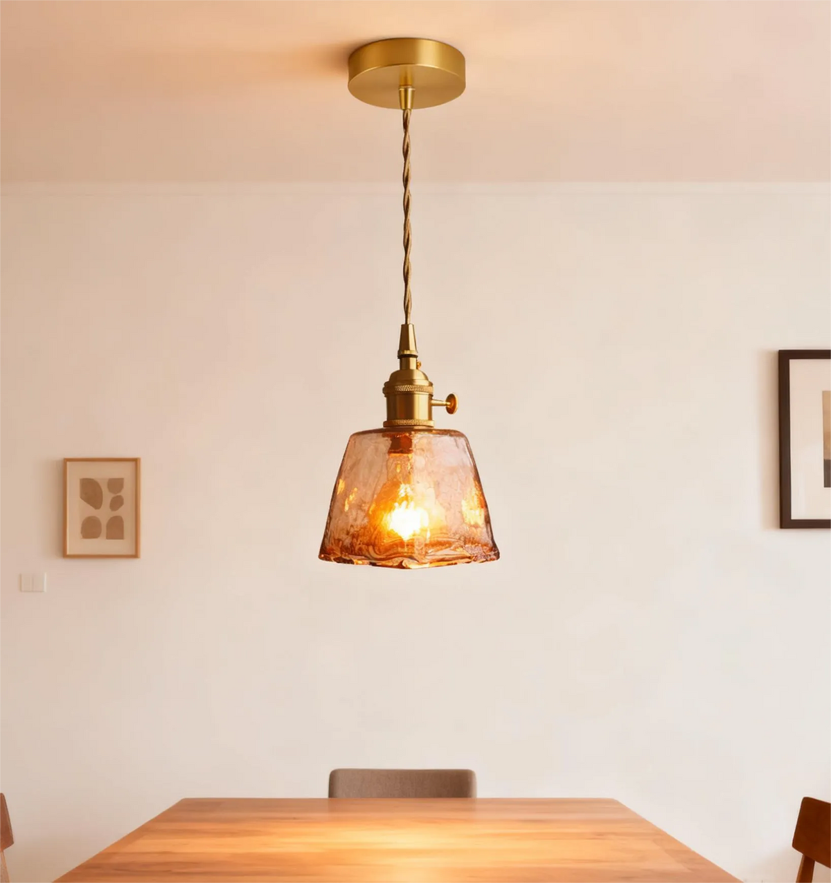 Brass Amber Glass Pendant Light for Dining Room