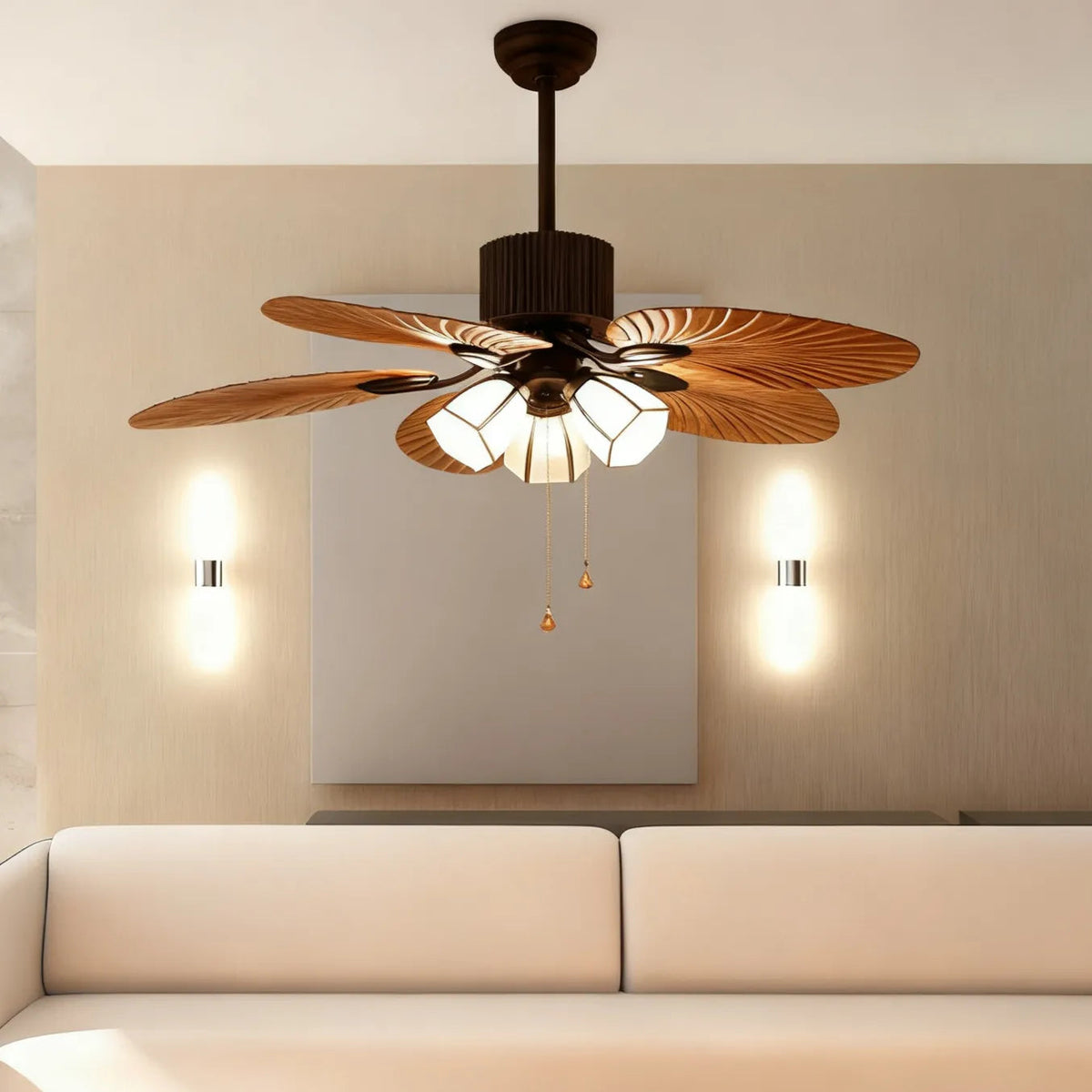 Silent Palm Leaf Ceiling Light for Living Room With Fan