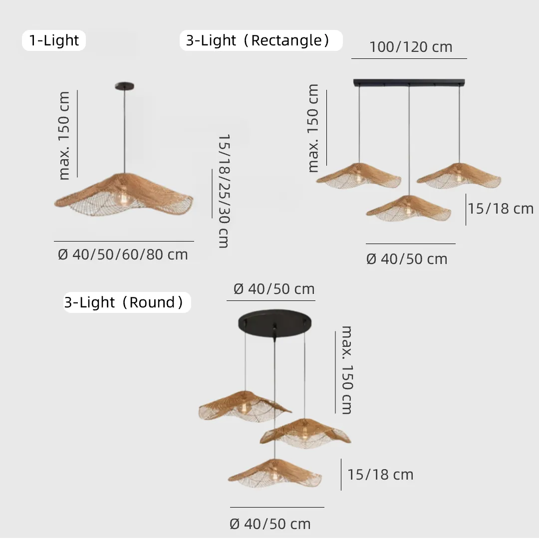 Dimension diagrams for the single, three-light round and three-light linear rattan pendants