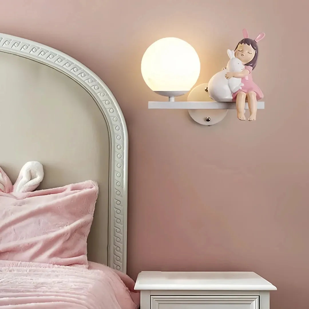White children's bedroom wall light with cartoon girl, rabbit and moon design