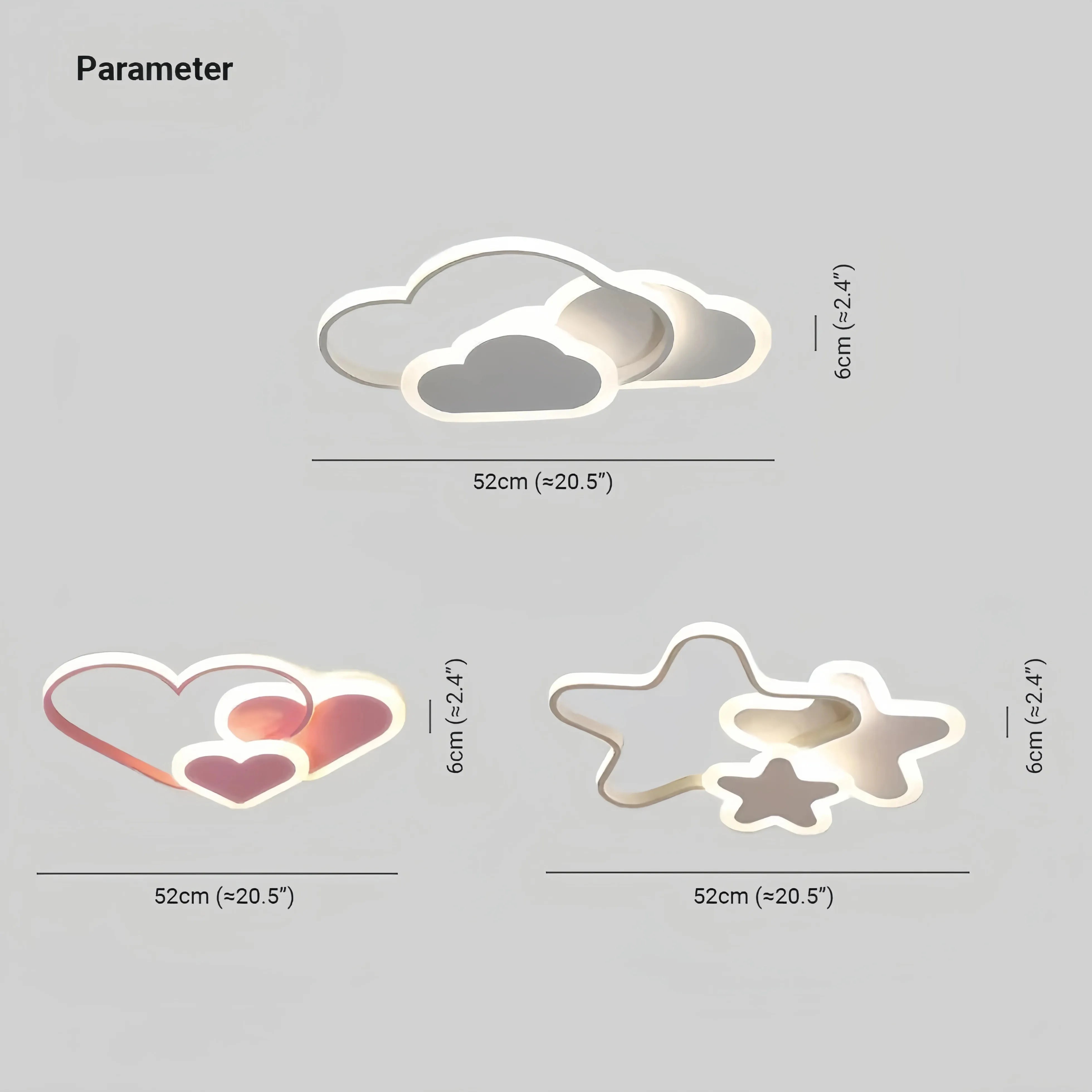 Dimension diagrams for the star, heart and cloud ceiling lights 