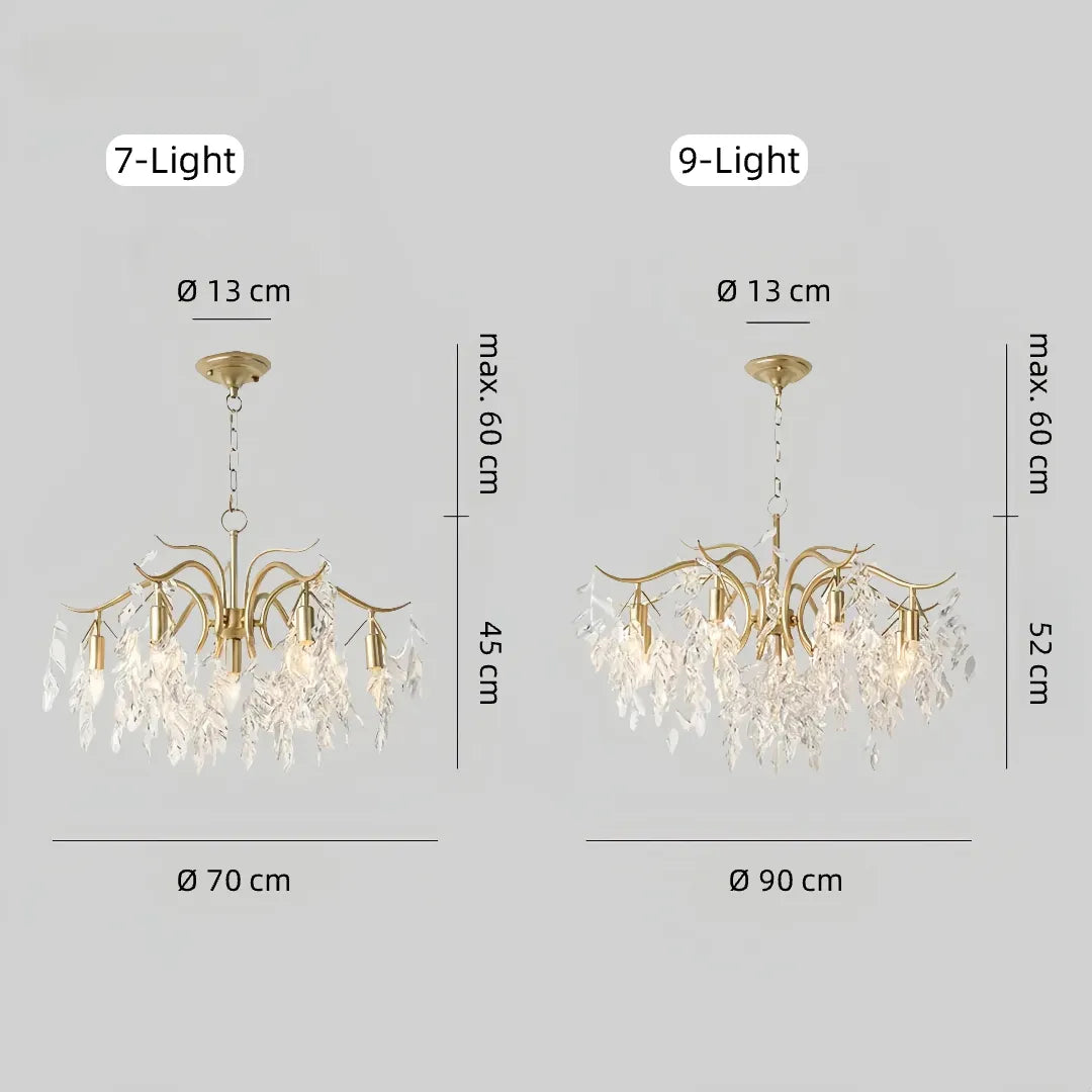 7-light and 9-light crystal leaf chandelier dimensions