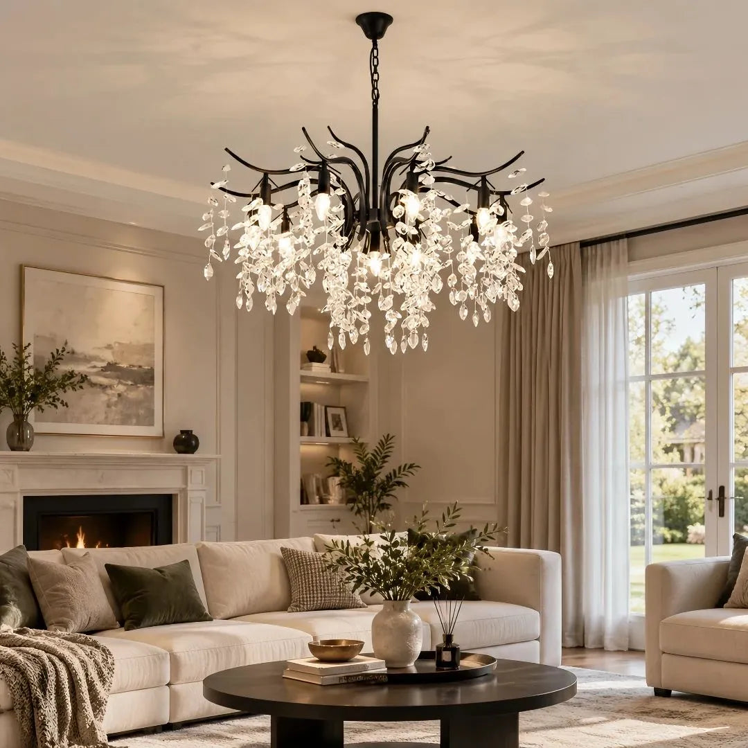 Black crystal leaf chandelier in a living room 