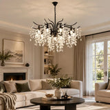 Black crystal leaf chandelier in a living room 