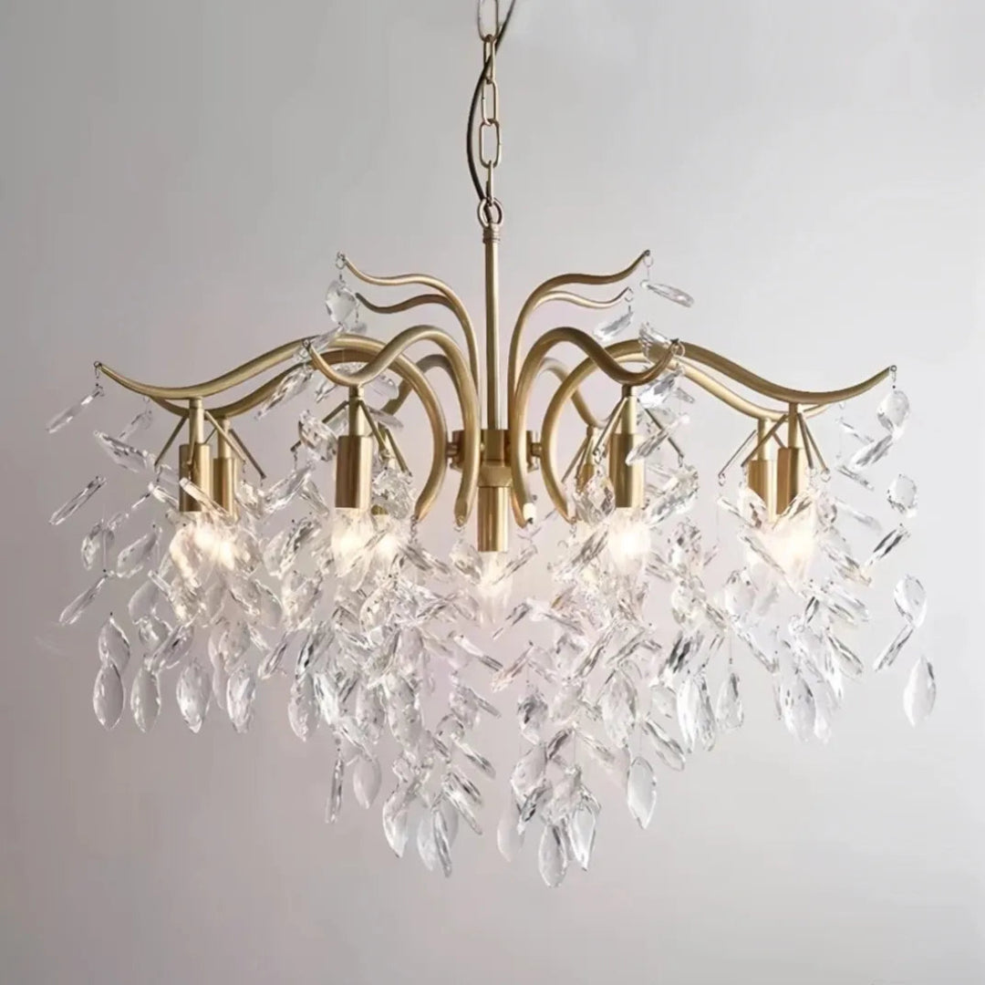  Gold chandelier with cascading crystal leaves 