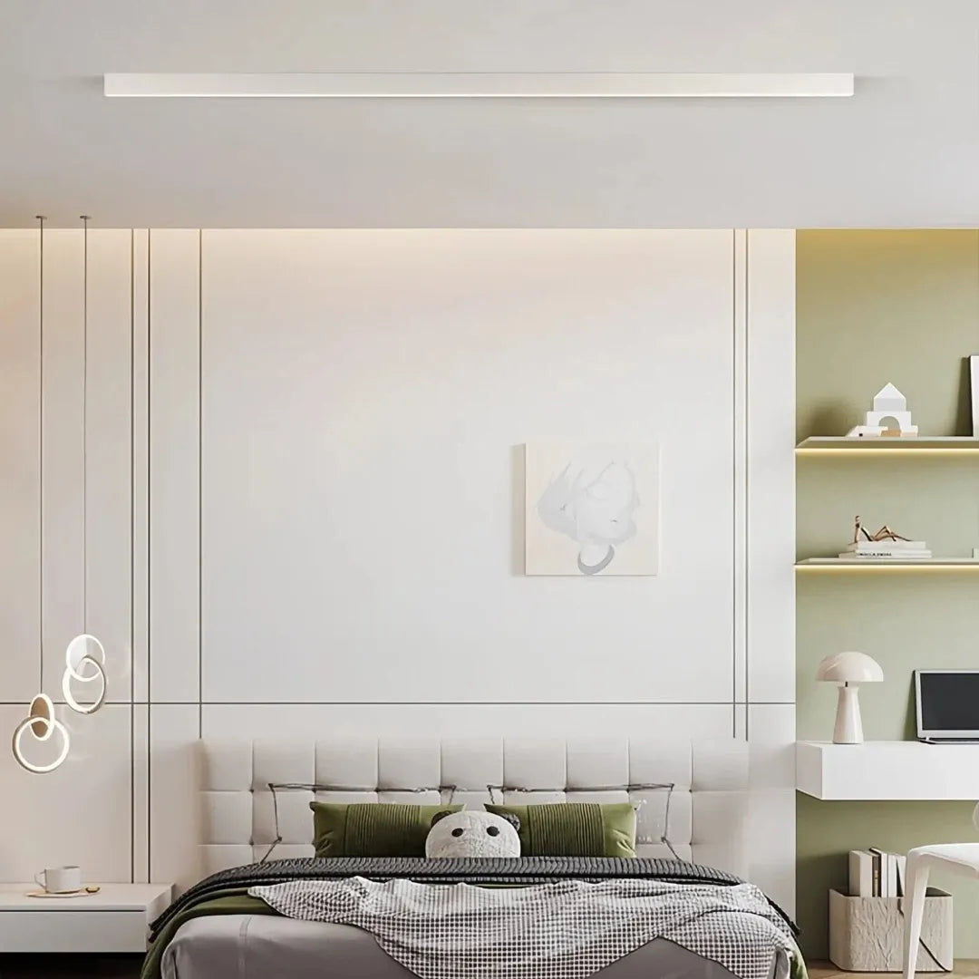 White linear LED flush ceiling light with a slim profile 