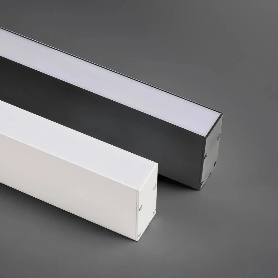 Close-up of the black metal body and linear LED light source 