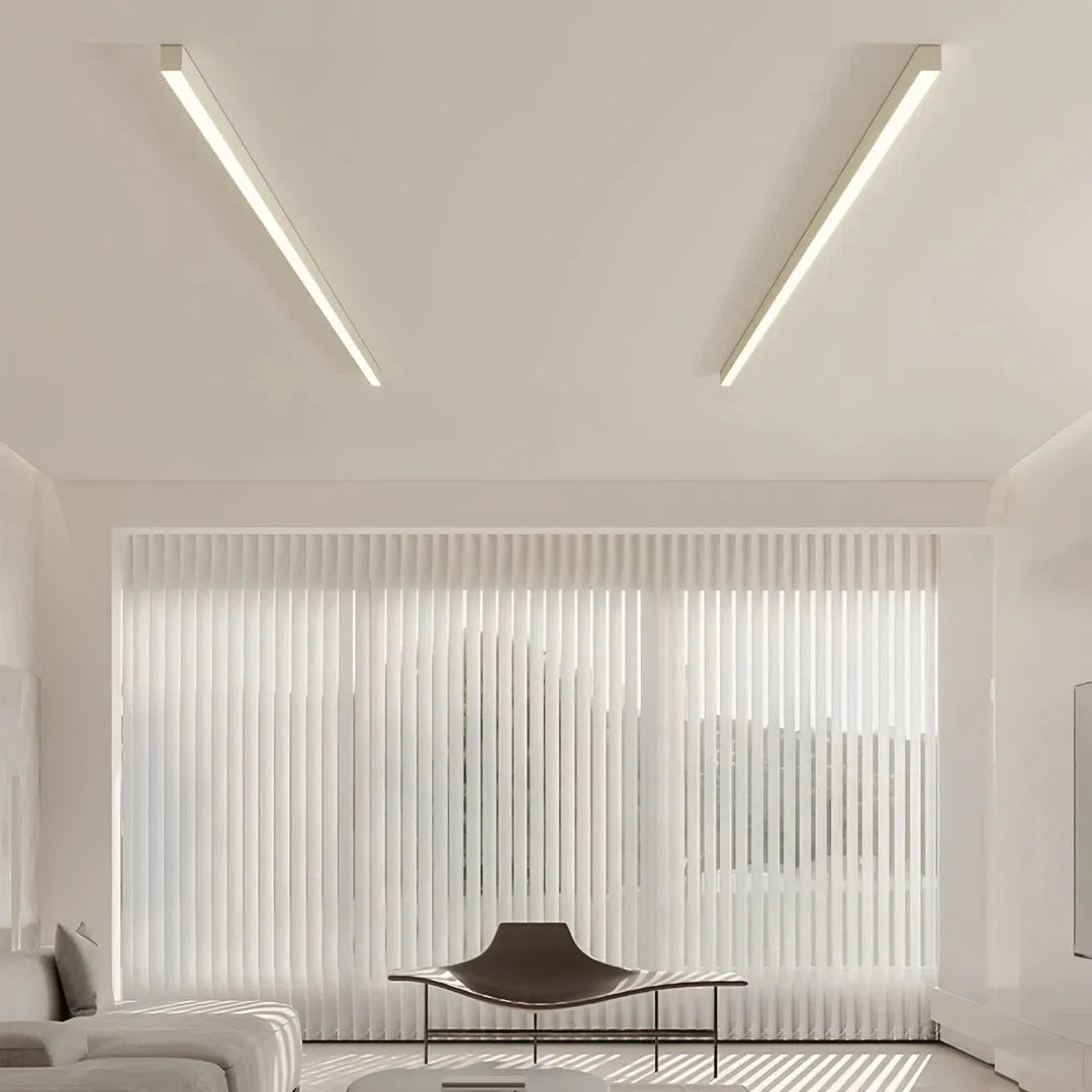 White linear LED flush ceiling light with a slim profile 