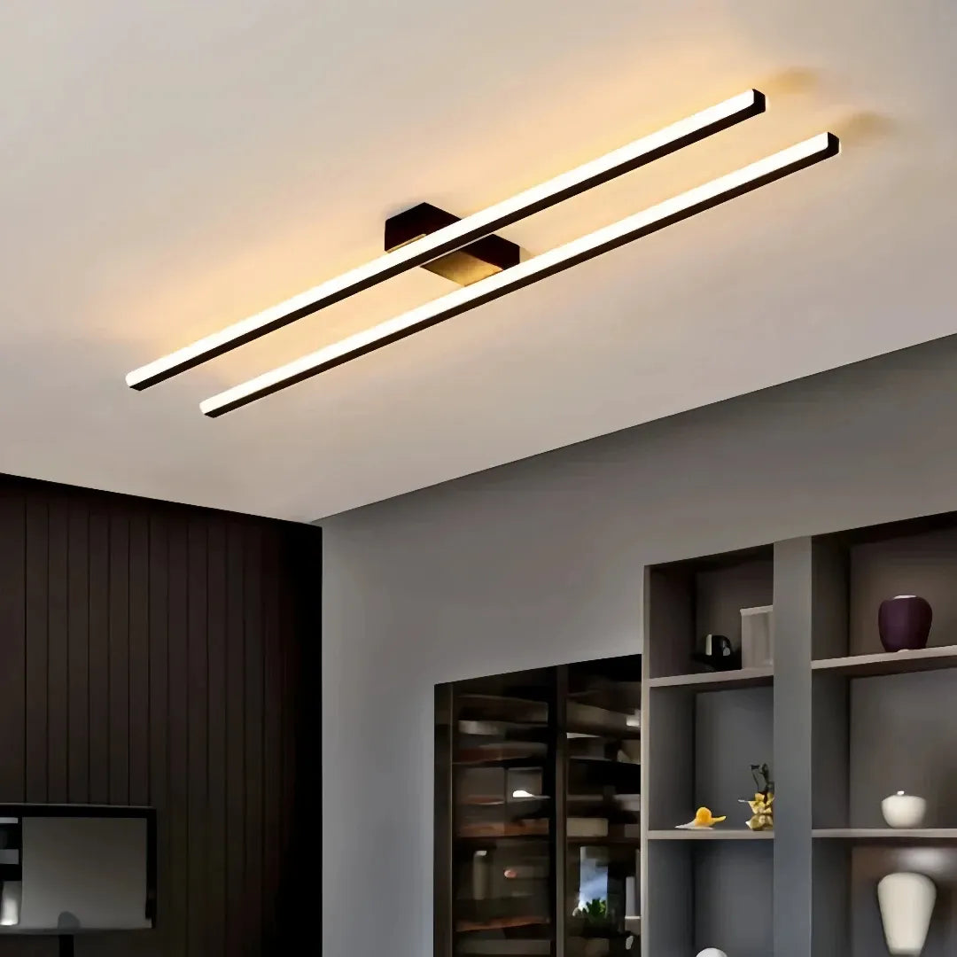 Black linear LED semi-flush ceiling light for hallway  
