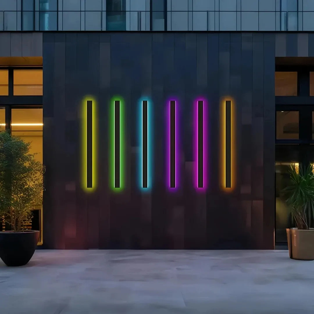 Black linear outdoor wall light with integrated LED