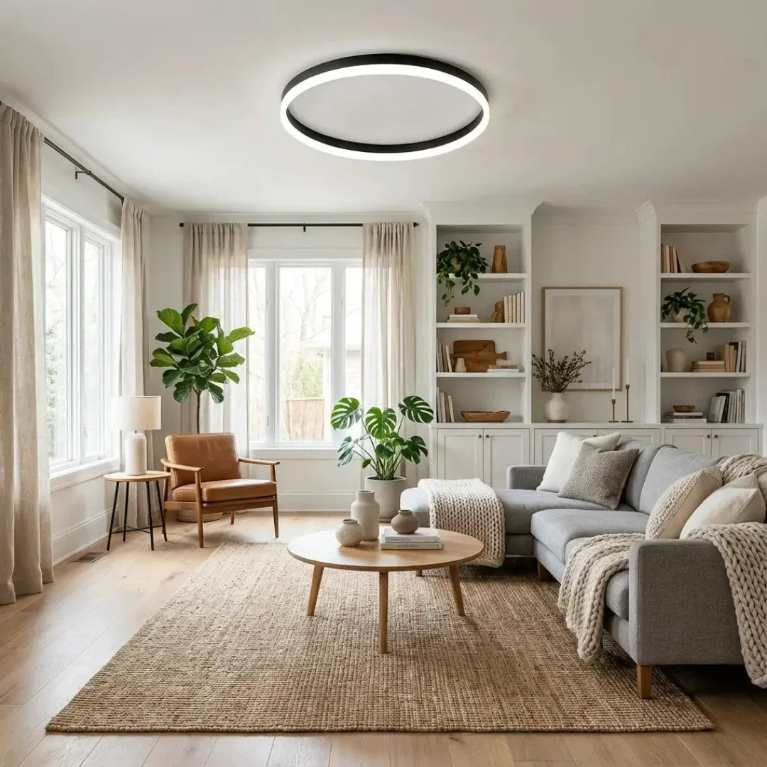 Minimalist LED ceiling light installed in contemporary bedroom interior