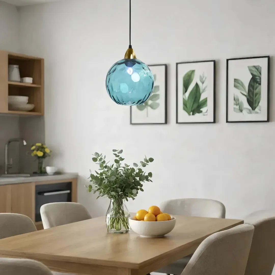 Blue glass ball pendant light, front view
