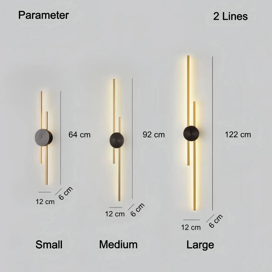 Dimensions of the 2-line linear wall light: 64 cm, 92 cm and 122 cm high