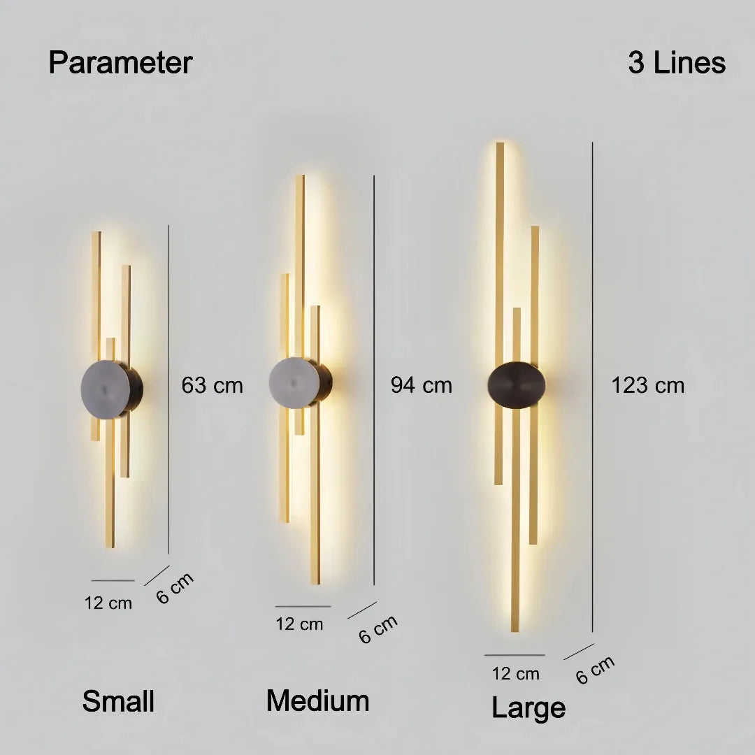 Dimensions of the 3-line linear wall light: 63 cm, 94 cm and 123 cm high