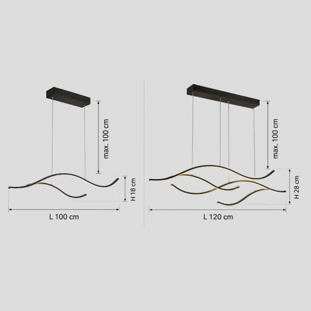 Dimension diagram for the 100 cm and 120 cm wave pendant lights
